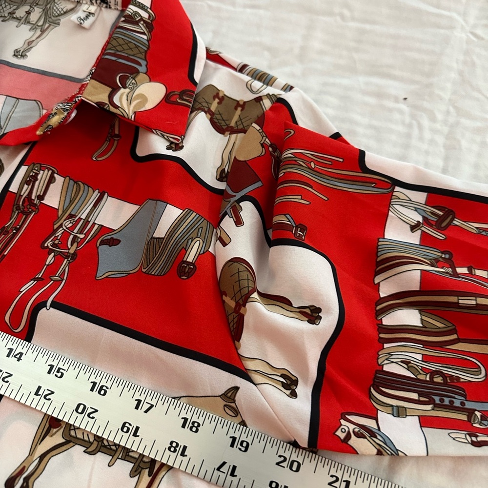 Equestrian Print Red Button Down Shirt - Picture 6 of 7